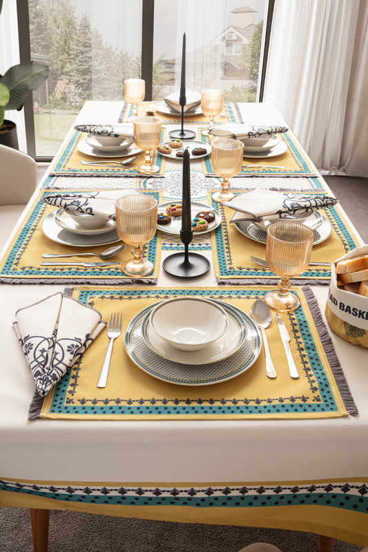 Safran Luxe Yemek Masası Takımı, Mutfak Masası Takımı, Masa Örtüsü,Runner,6'lı Amerikan Servis, 6'lı Kumaş Peçete