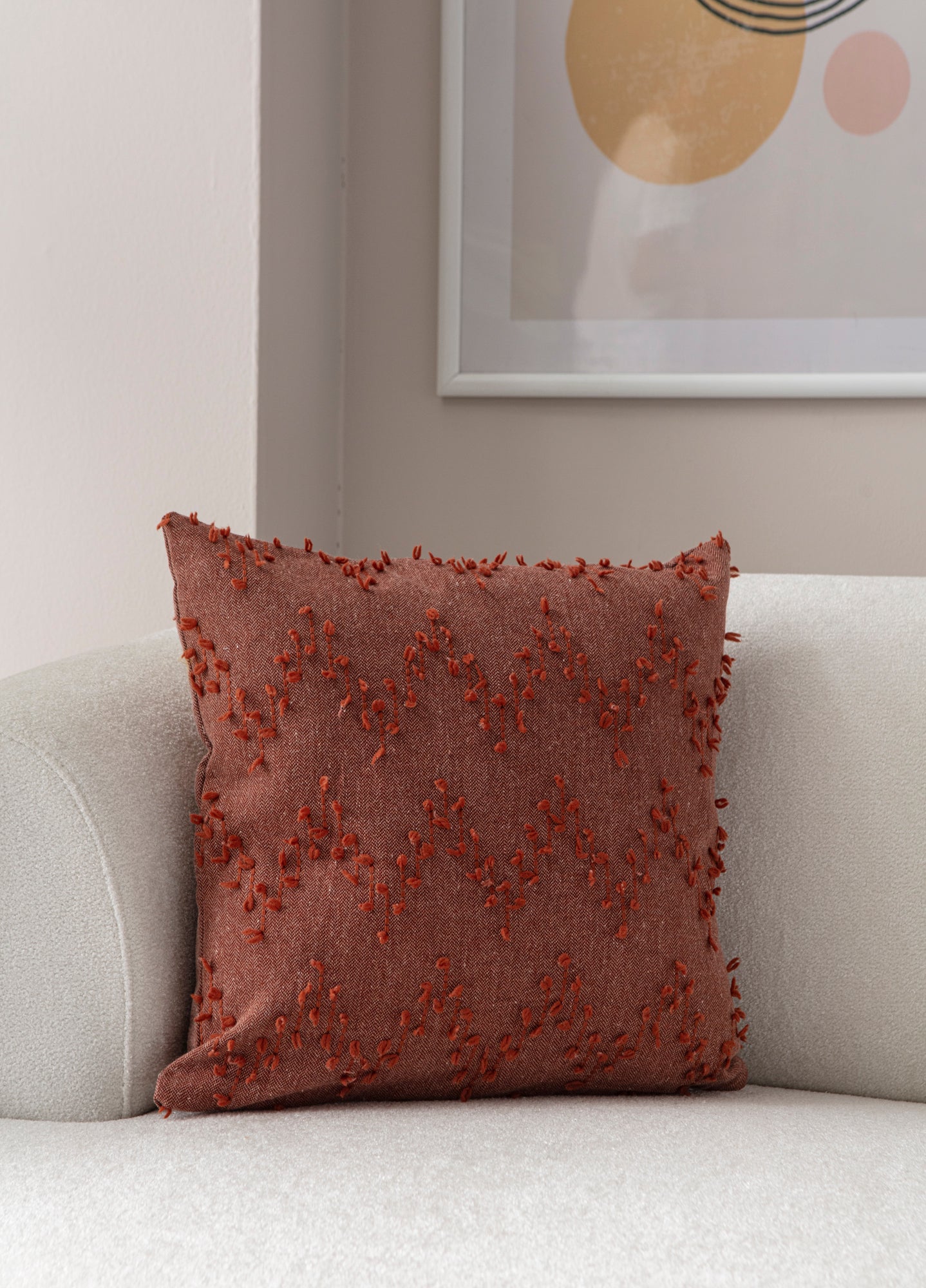 "Ritim" Bohem Puantiyeli, Dekoratif Keten Kırlent Kılıfı, Punch İşlemeli Yastık Kılıfı 43x43cm